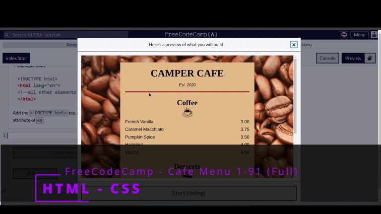 FreeCodeCamp – Responsive Web Desing 🌐 Cafe Menu 🌐 1-91 full