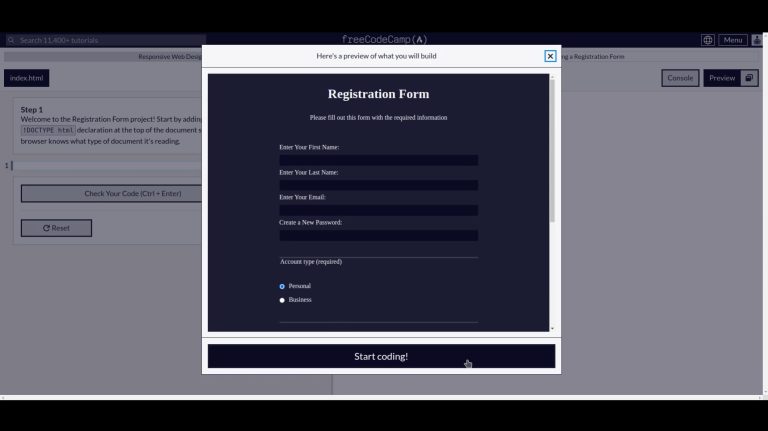 FreeCodeCamp 🌐 Responsive Web Design 🌐 Registration Form 🌐 1,2,3