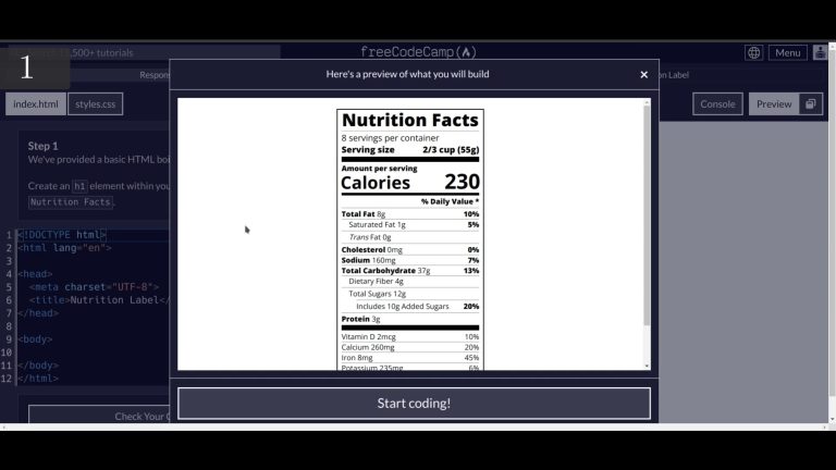 FreeCodeCamp 🌐 Responsive Web Design 🌐 Nutritional Label 🌐 1,2,3