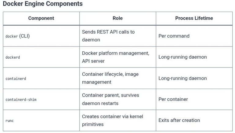 Docker 2 🐳 Docker Engine Architecture: Daemon (dockerd), CLI (docker), containerd, and runC