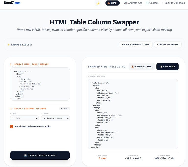 Free HTML Table Column Swapper