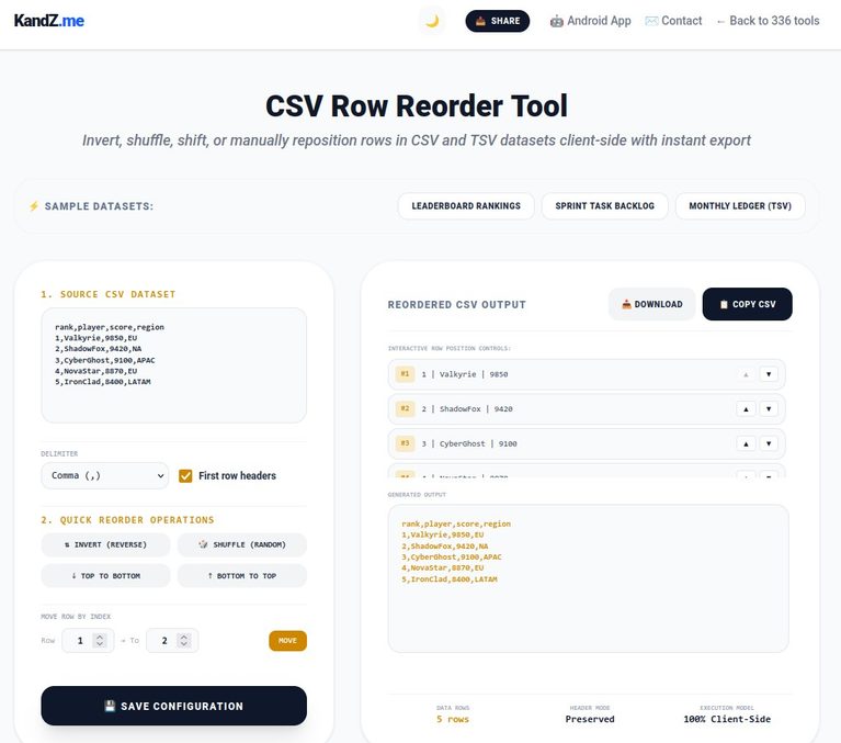 Free CSV Row Reorder Tool
